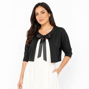 LOFT XS Black Cotton Cropped Shrug Cardigan Satin Bow‎ Tie Short Sleeve 72-39